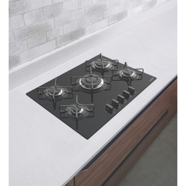Cooktop A Gás Tramontina Penta Em Vidro Temperado Preto E Trempes Em Aço Carbono Com Acendimento Automático 5 Queimad - Image 3