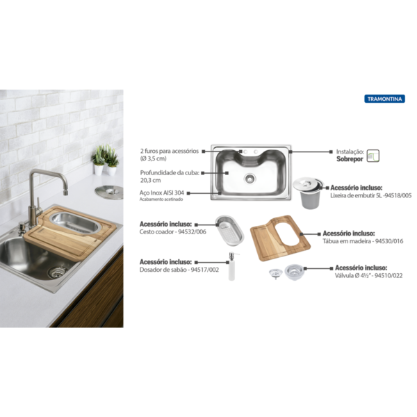 Cuba de Sobrepor Tramontina Morgana em Aço Inox 69 x 49 cm com Lixeira de Embutir 5 L Tábua de Madeira Dosador de Sab? - Image 4