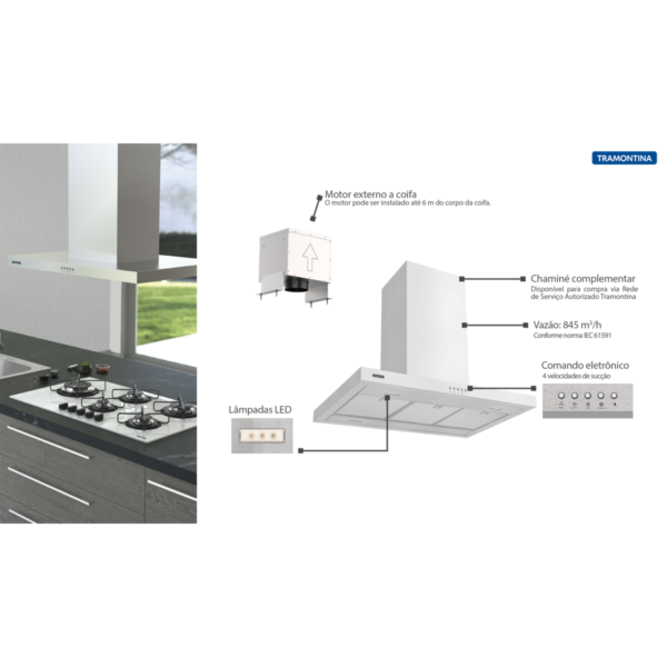 Coifa de ilha Tramontina Dritta Isla 90 Split em Aço Inox 90 cm 220 V