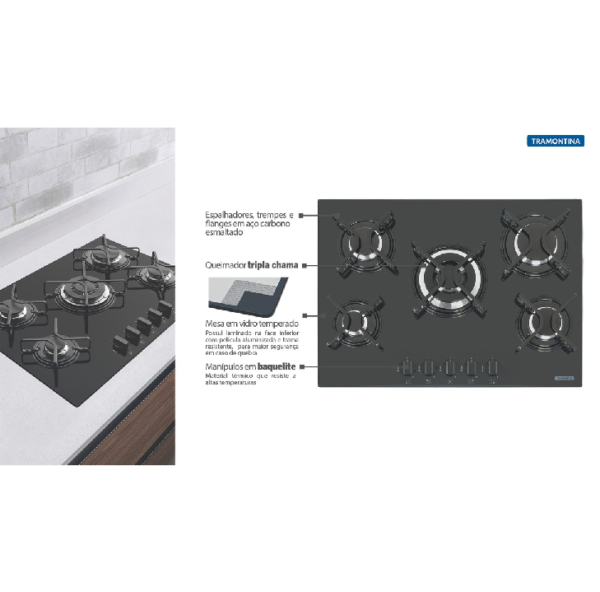 Cooktop A Gás Tramontina Penta Em Vidro Temperado Preto E Trempes Em Aço Carbono Com Acendimento Automático 5 Queimad - Image 4