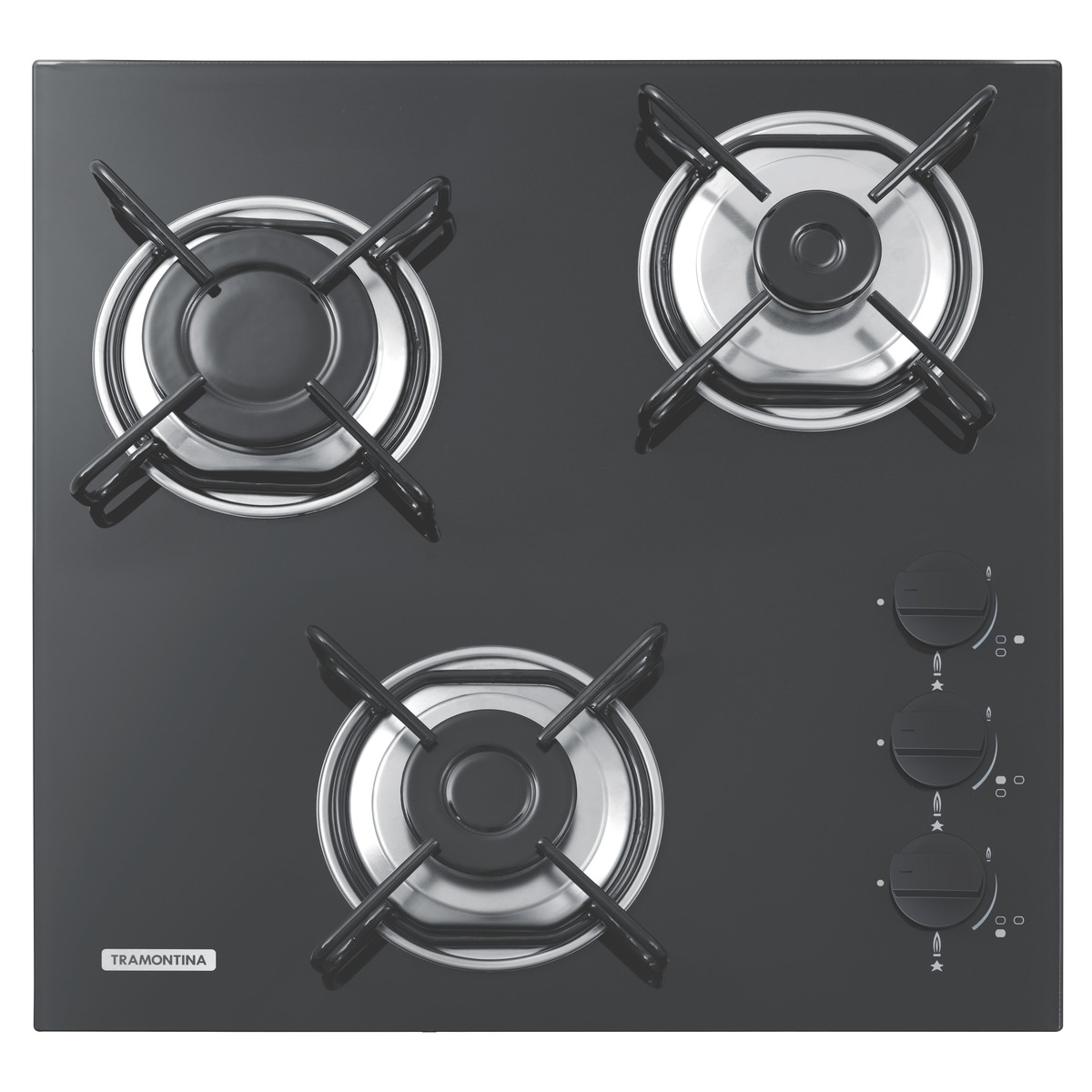 Cooktop a Gás Tramontina Brasil em Vidro Temperado Preto e Trempes em Aço Carbono com Acendimento Automático 3 Queima