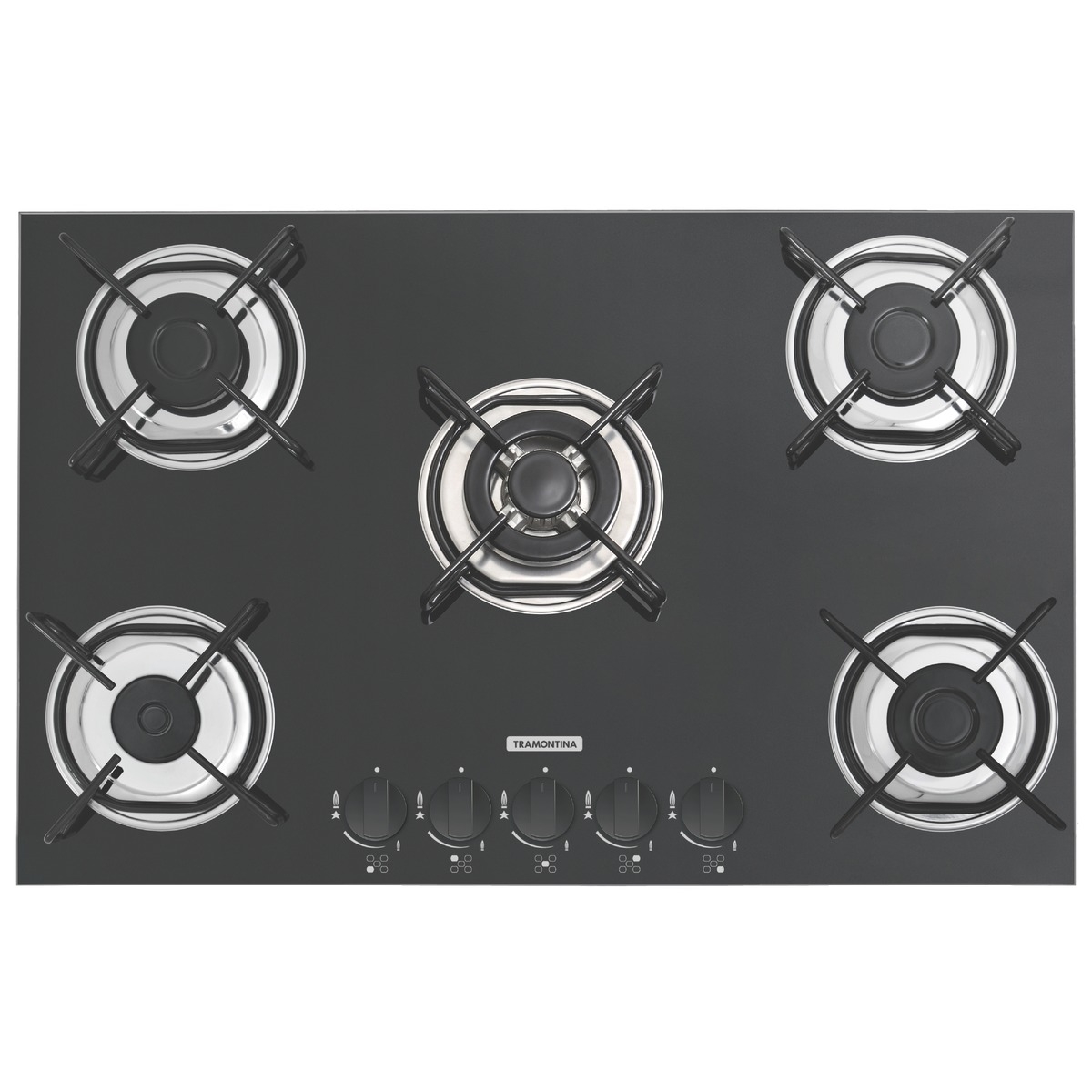 Cooktop a Gás Tramontina Brasil em Vidro Temperado Preto e Trempes em Aço Carbono com Acendimento Automático 5 Queima