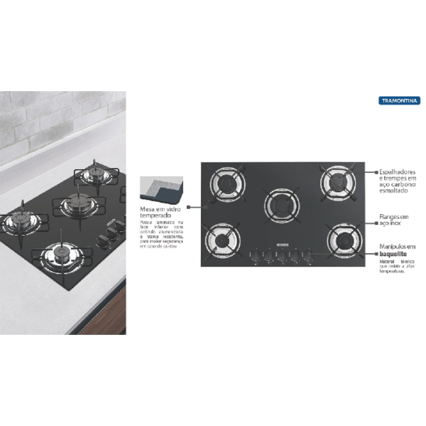 Cooktop a Gás Tramontina Brasil em Vidro Temperado Preto e Trempes em Aço Carbono com Acendimento Automático 5 Queima - Imagem 5