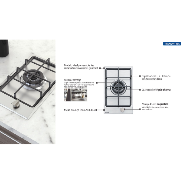 Cooktop A Gás Tramontina Dominó Em Aço Inox E Trempes Em Ferro Fundido Com Acendimento Automático 1 Queimador - Image 4