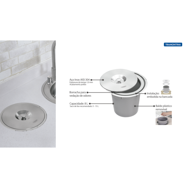 Lixeira de Embutir Tramontina Clean Round em Aço Inox com Balde Plástico 5 L - Image 4
