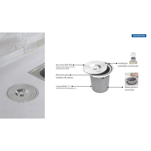 Lixeira de Embutir Tramontina Clean Round em Aço Inox com Balde Plástico 5 L - Image 2
